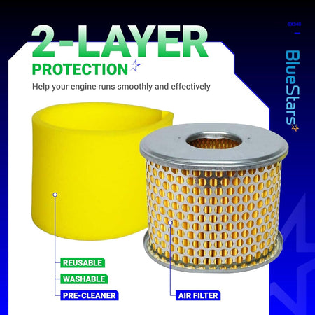 AFZE30 air filter and foam pre-cleaner for Honda GX340 and GX390 engines showing 2-layer filtration design.