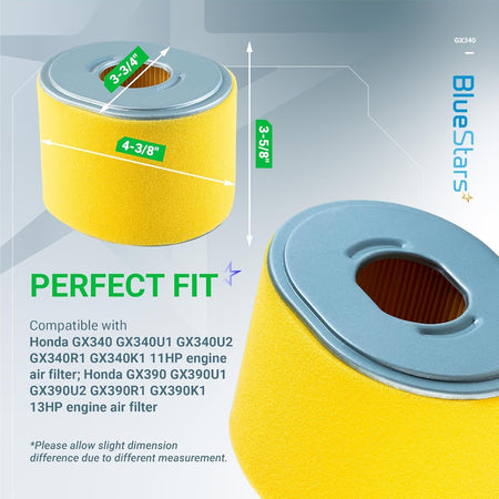 AFZE30 air filter for Honda GX340 and GX390 engines showing dimensions and compatibility specifications.