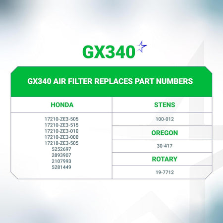 Reference chart showing cross-reference part numbers for Honda GX340 and GX390 engine air filters.