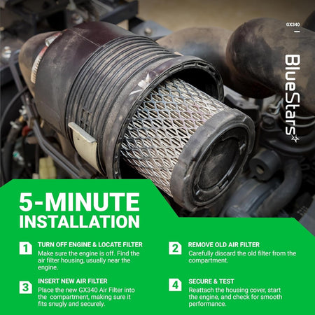 Installation guide for AFZE30 air filter on a Honda GX340 engine showing 5-minute replacement steps.
