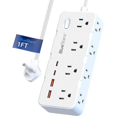 White 1ft power strip with 8 outlets and 4 USB ports featuring a flat plug and BlueStars branding.