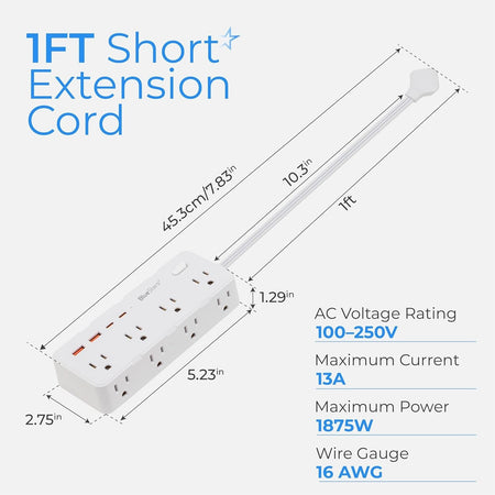 Technical diagram showing dimensions and specifications for a 1ft short extension cord power strip.