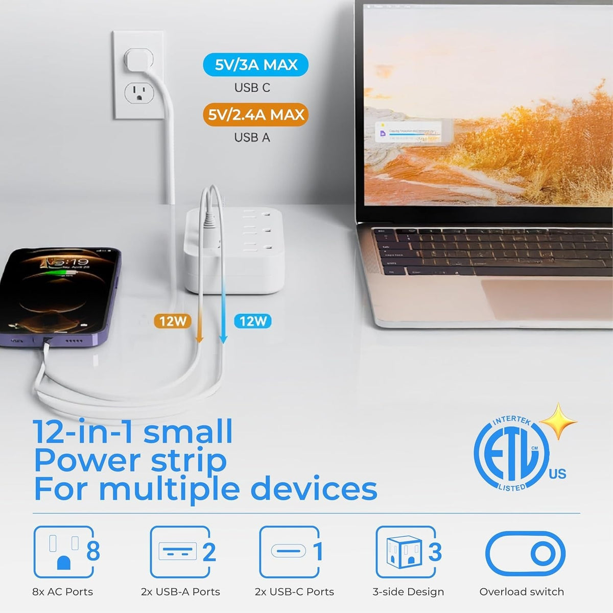 12-in-1 power strip with 8 AC outlets and 4 USB ports charging a smartphone and laptop on a desk.