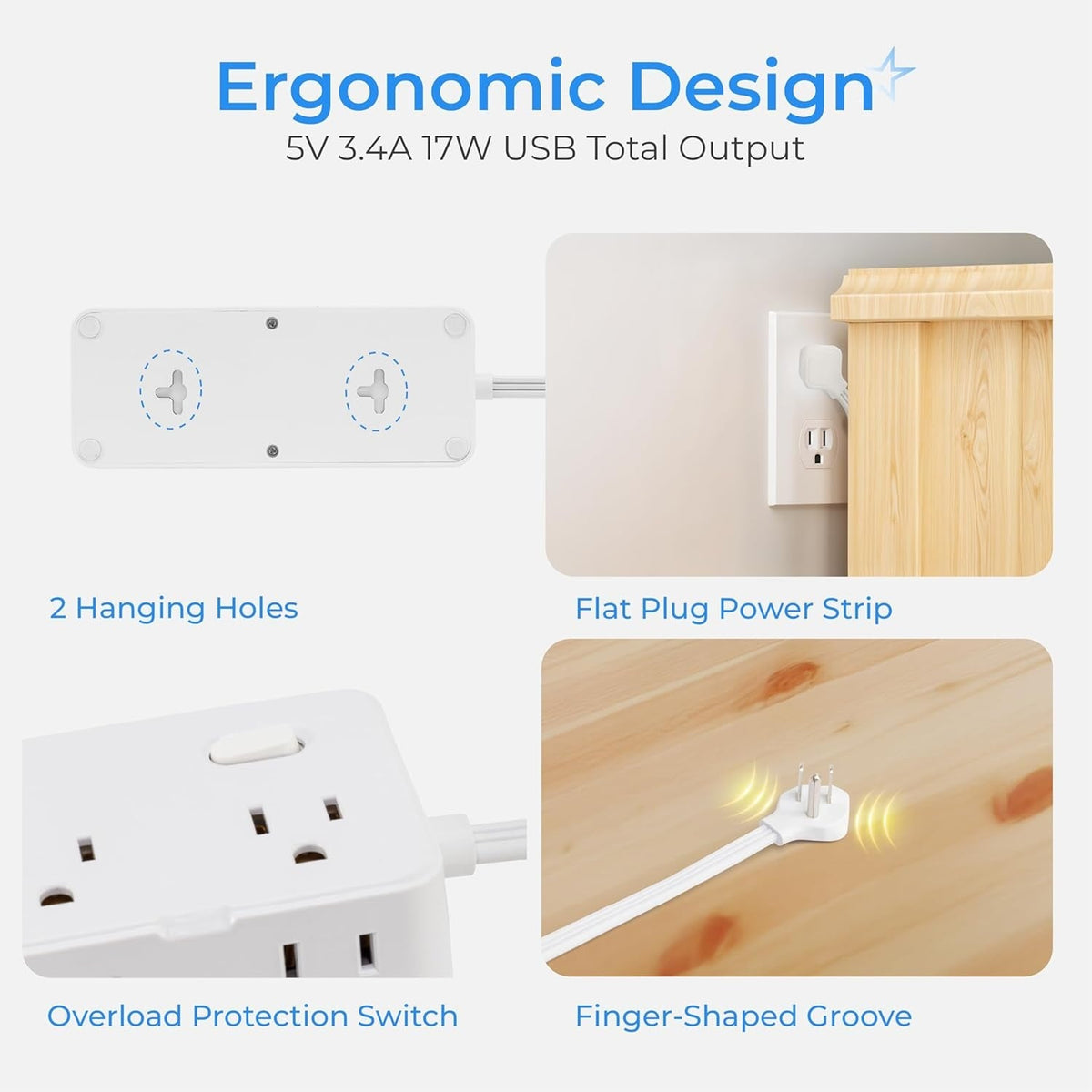 Infographic showing power strip features: hanging holes, flat plug, overload protection switch, and finger-shaped groove.