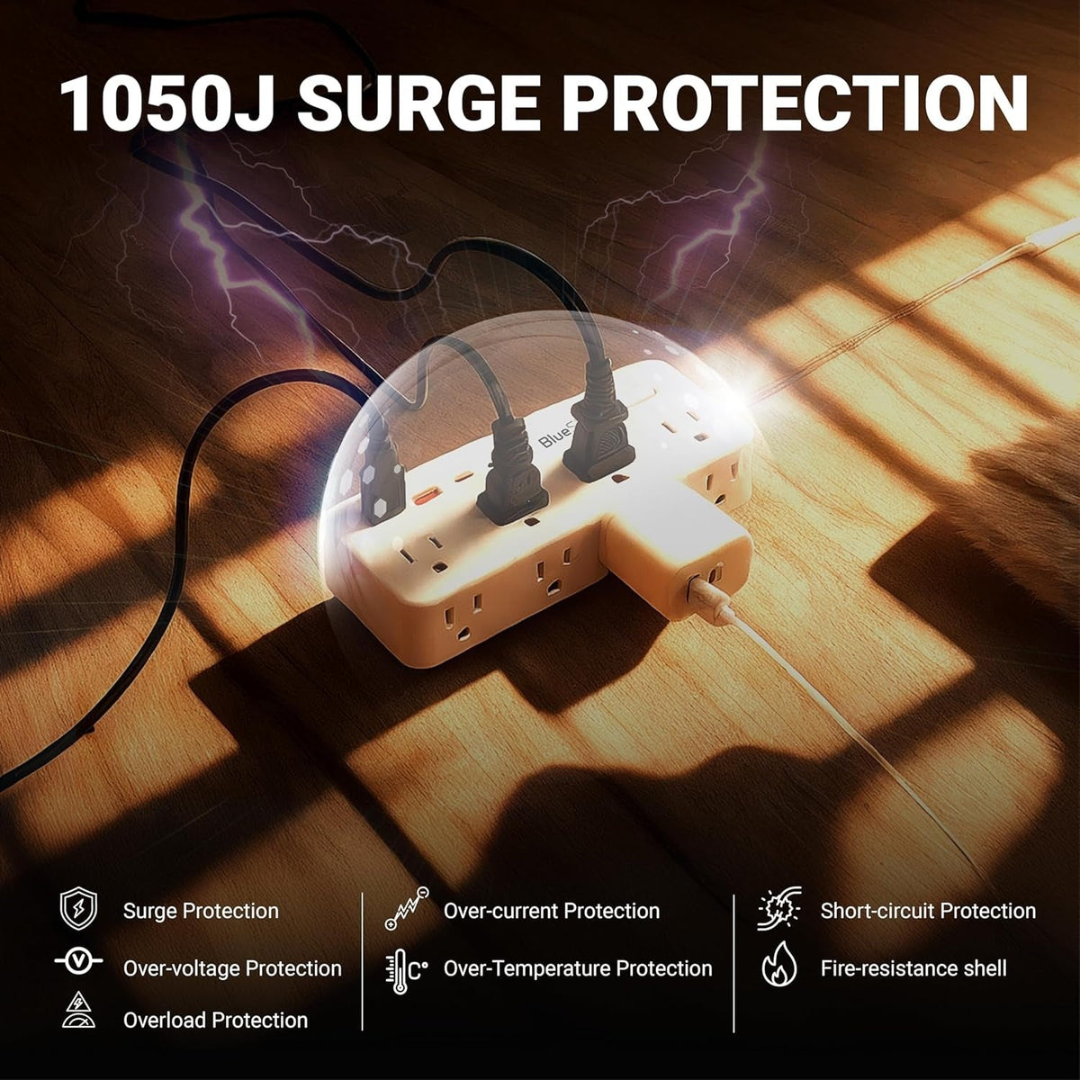 8-outlet power strip with 1050J surge protection and safety features highlighted.