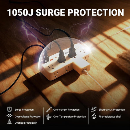 8-outlet power strip with 1050J surge protection and safety features highlighted.