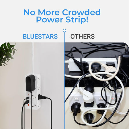 Comparison image showing organized Bluestars 8-outlet power strip versus cluttered standard power strips.