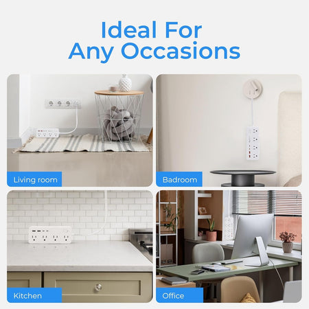 Lifestyle collage showing the 8-outlet power strip with USB ports used in a living room, bedroom, kitchen, and office.