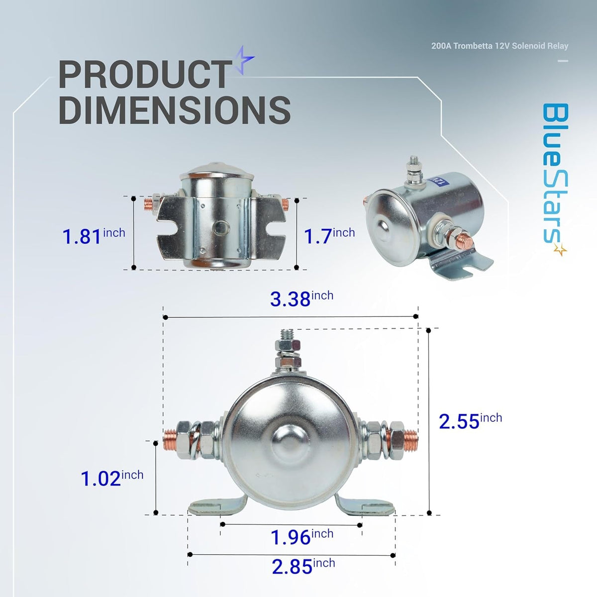 Technical diagram showing dimensions of a 12V 200A Trombetta 3-terminal solenoid relay.