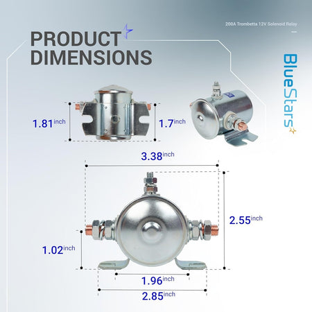 Technical diagram showing dimensions of a 12V 200A Trombetta 3-terminal solenoid relay.