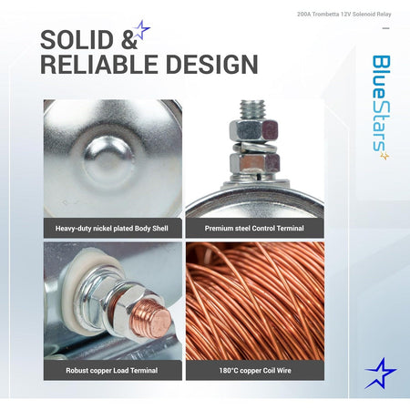 Close-up detail views of 12V 200A Trombetta solenoid components including body shell, terminals, and copper coil wire.
