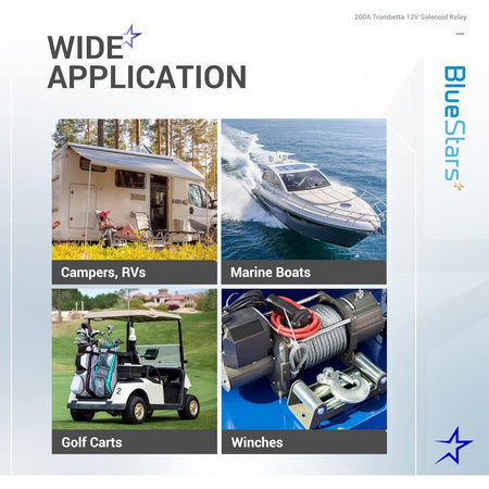 Infographic showing 12V 200A Trombetta solenoid relay applications for RVs, marine boats, golf carts, and winches.