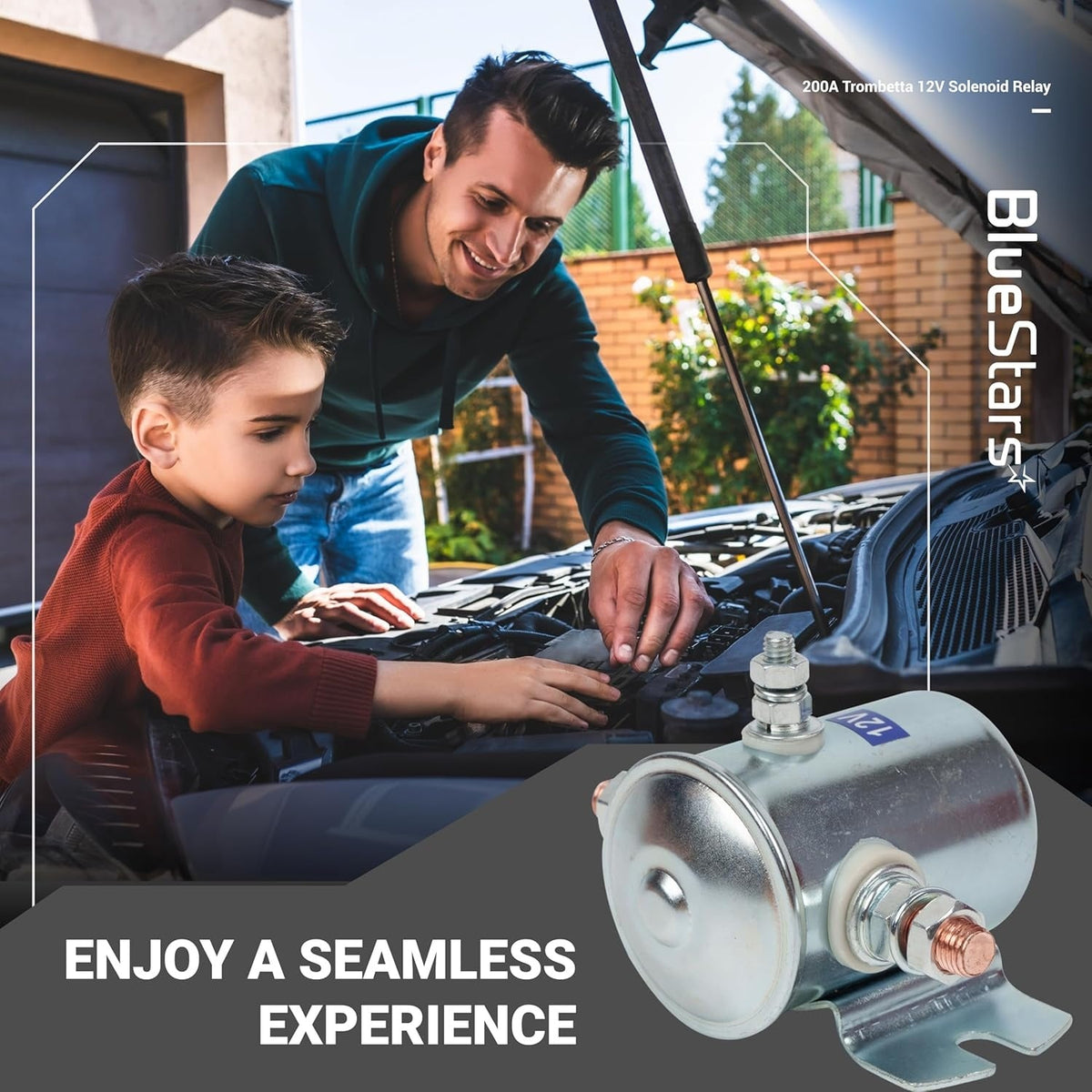 12V 200A Trombetta 3-terminal solenoid relay shown in a lifestyle graphic with a father and son working on a car engine.
