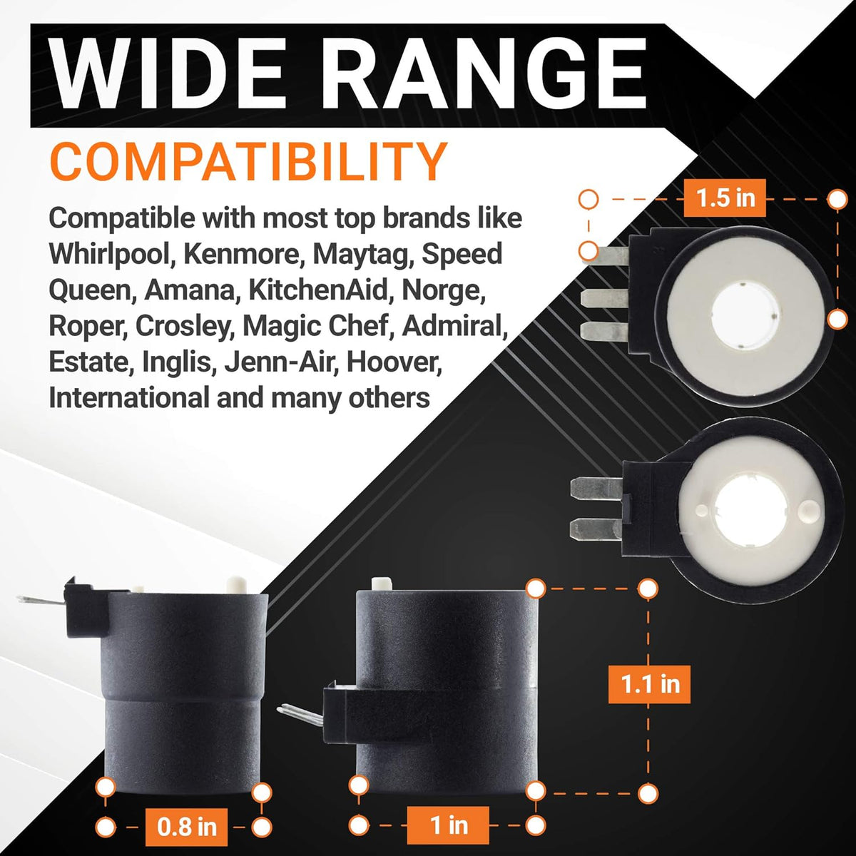 Infographic showing dimensions and compatibility for dryer gas valve ignition solenoid coils.