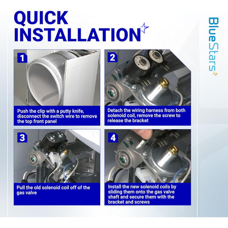 279834 Dryer Gas Valve Ignition Solenoid Coil Kit quick installation guide showing four replacement steps