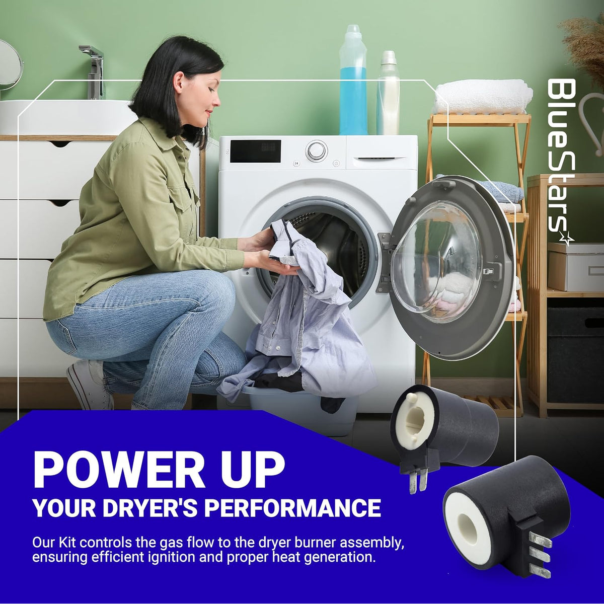 279834 Dryer Gas Valve Ignition Solenoid Coil Kit, promotional graphic with dryer and two black-and-white coils