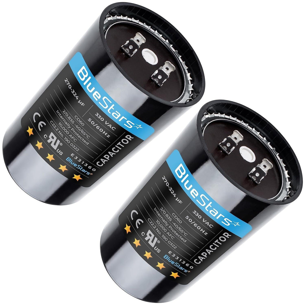 Two 270-324 uF 330 VAC round start capacitors for air conditioner and heat pump condensers.