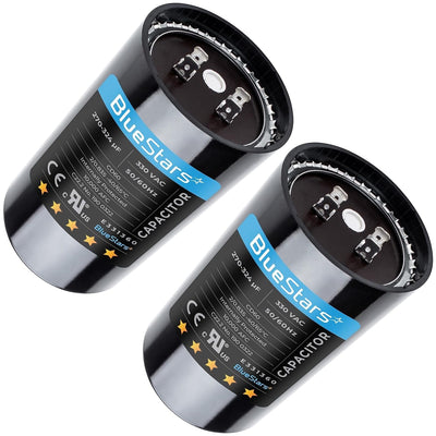 Two 270-324 uF 330 VAC round start capacitors for air conditioner and heat pump condensers.
