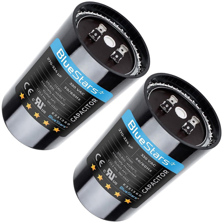 Two 270-324 uF 330 VAC round start capacitors for air conditioner and heat pump condensers.