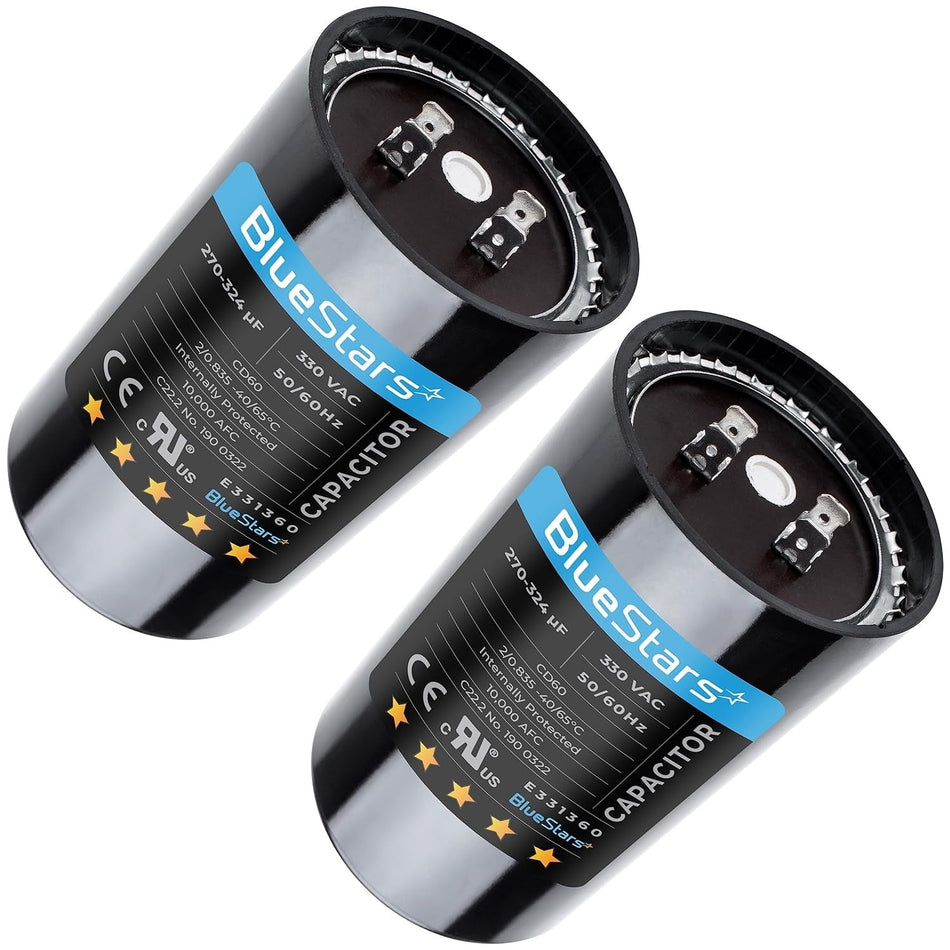Two 270-324 uF 330 VAC round start capacitors for air conditioner and heat pump condensers.