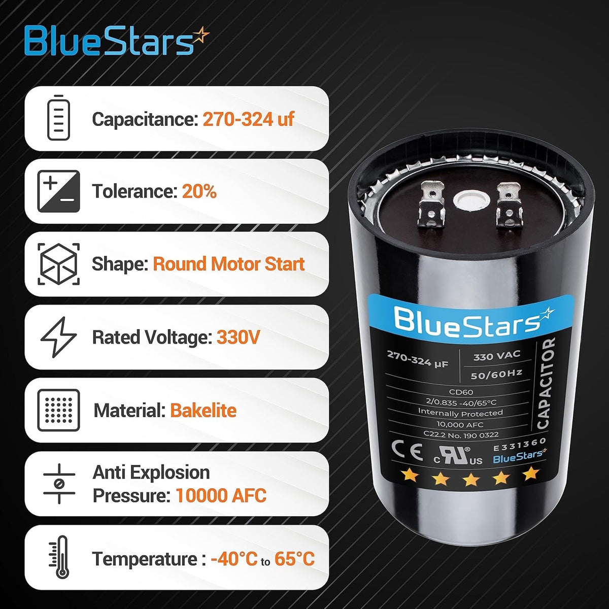 Single 270-324 uF 330 VAC round motor start capacitor with technical specifications infographic.