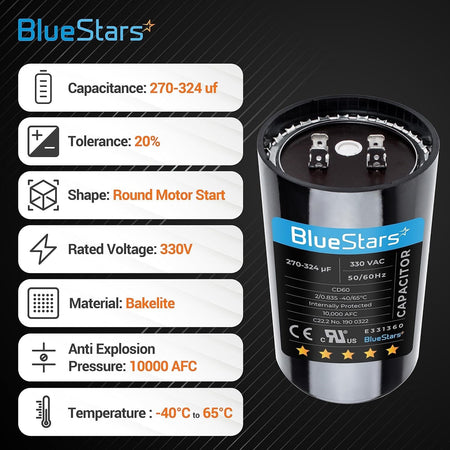 Single 270-324 uF 330 VAC round motor start capacitor with technical specifications infographic.