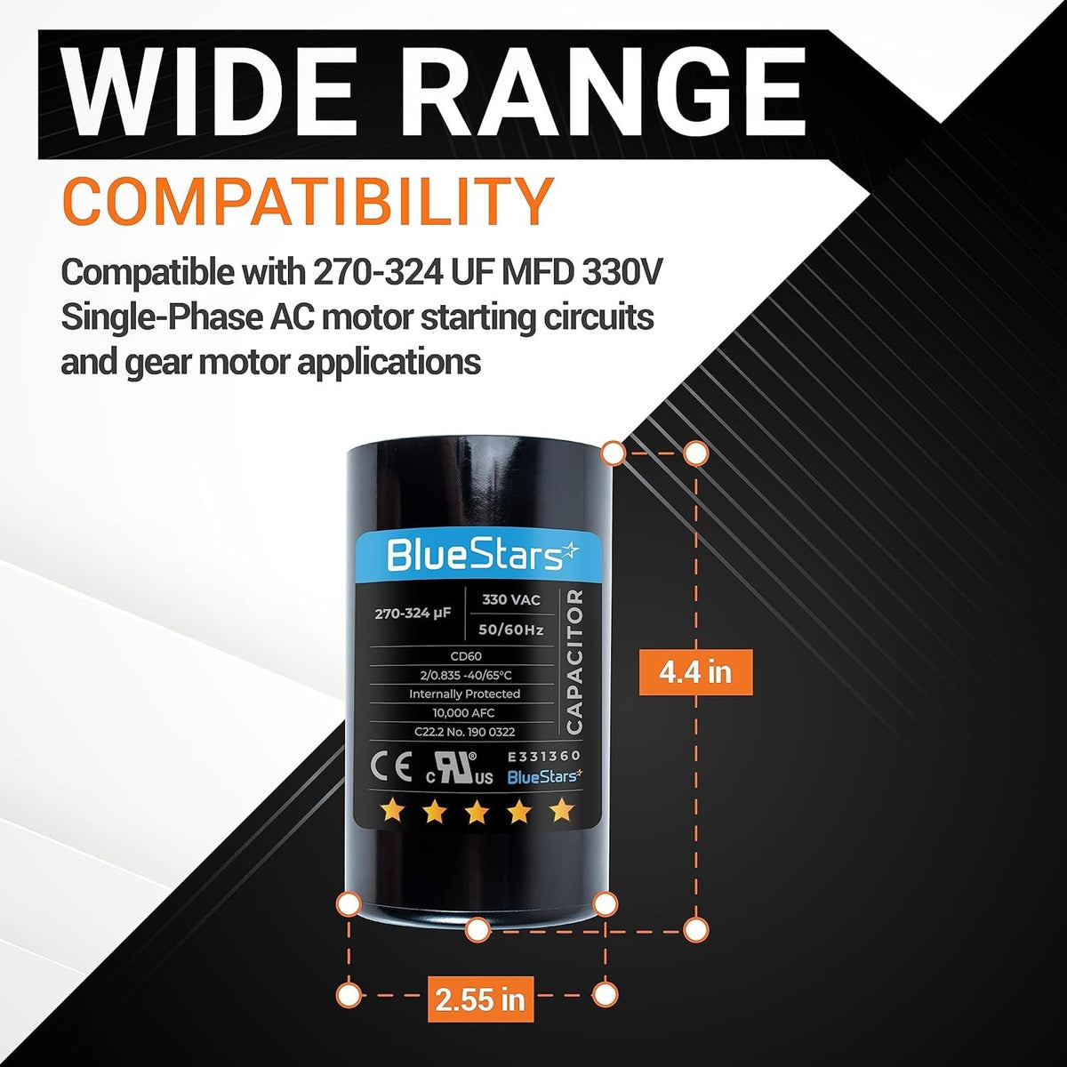 Infographic showing dimensions of 270-324 uF 330 VAC round start capacitor for AC and heat pump motors.