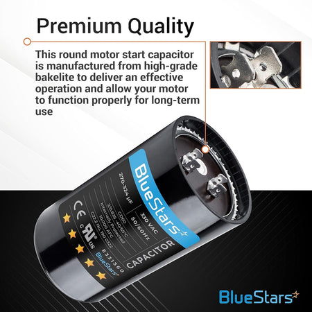 Infographic showing 270-324 uF 330 VAC round start capacitor features and terminal close-up.