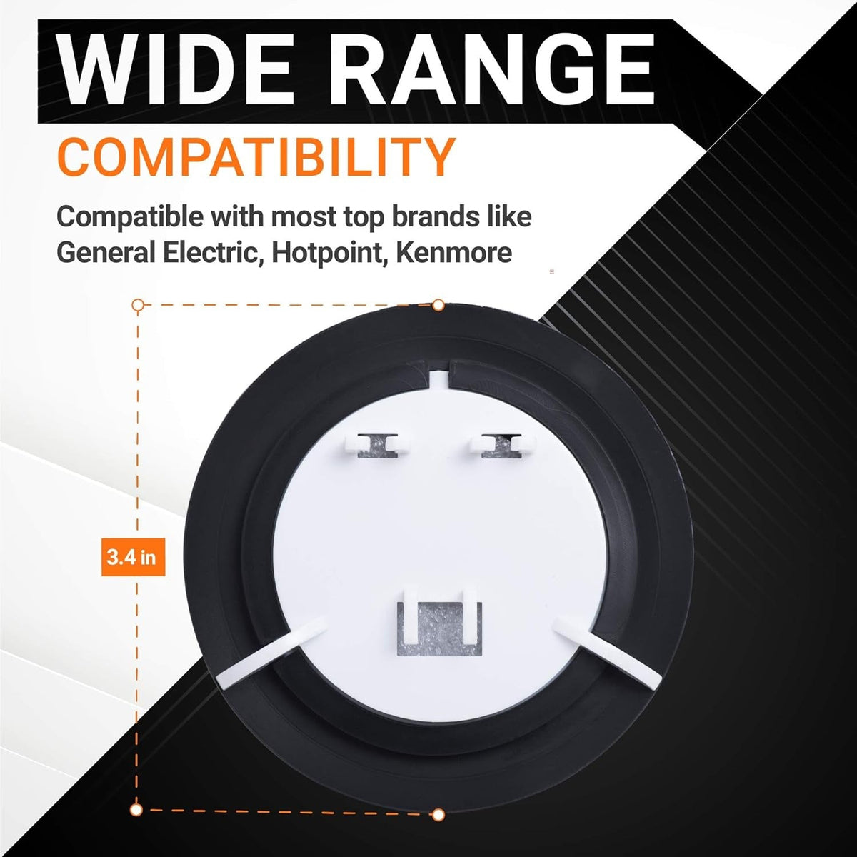WR17X11653 refrigerator ice dispenser door flap showing 3.4-inch diameter and compatibility with GE and Kenmore brands.