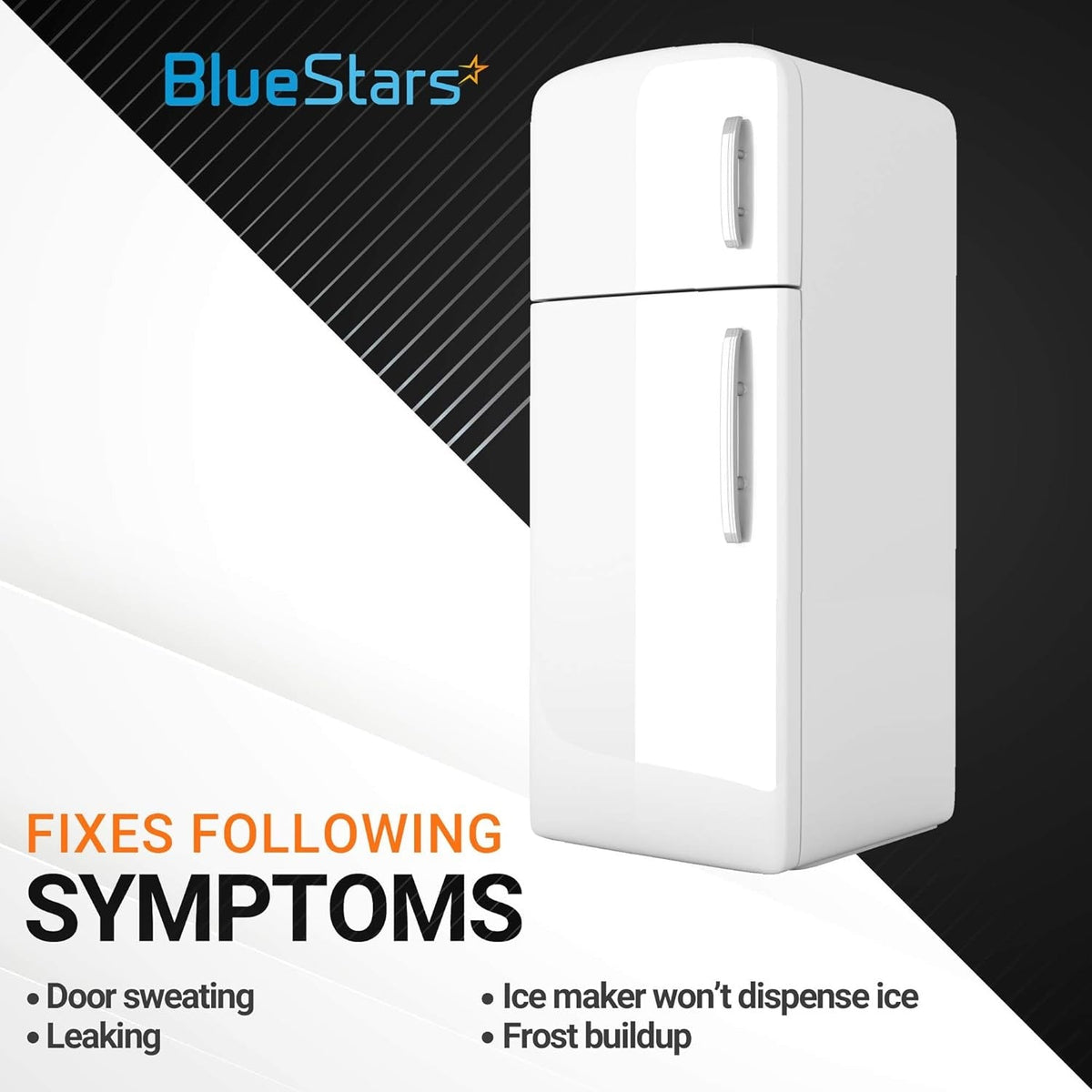 Graphic showing refrigerator symptoms fixed by WR17X11653 ice dispenser door flap replacement.