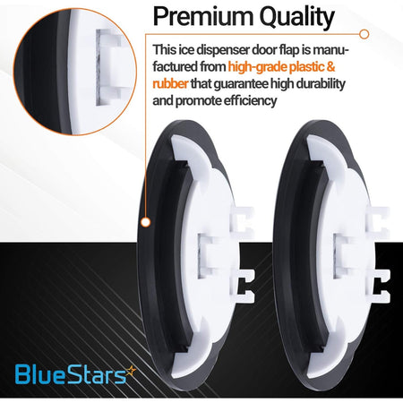 Two WR17X11653 refrigerator ice dispenser door flaps with close-up view and premium quality text overlay.