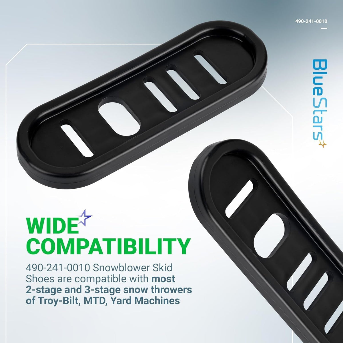 Two black 490-241-0010 snowblower slide shoes with slotted mounting holes for 2-stage and 3-stage snow throwers.