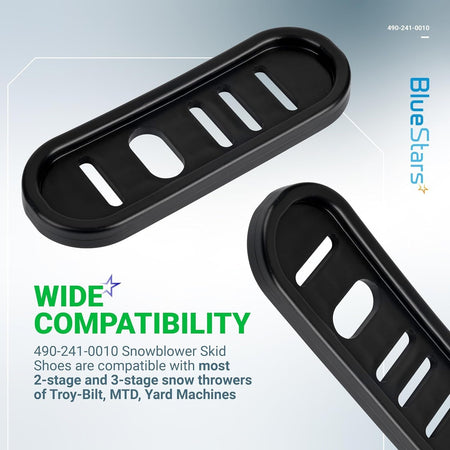 Two black 490-241-0010 snowblower slide shoes with slotted mounting holes for 2-stage and 3-stage snow throwers.