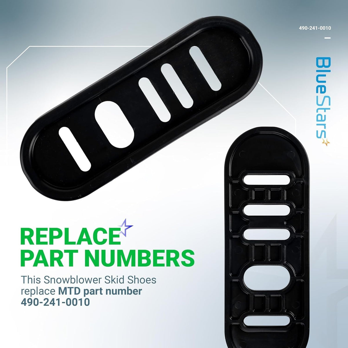 Two black replacement snowblower slide shoes, part number 490-241-0010.