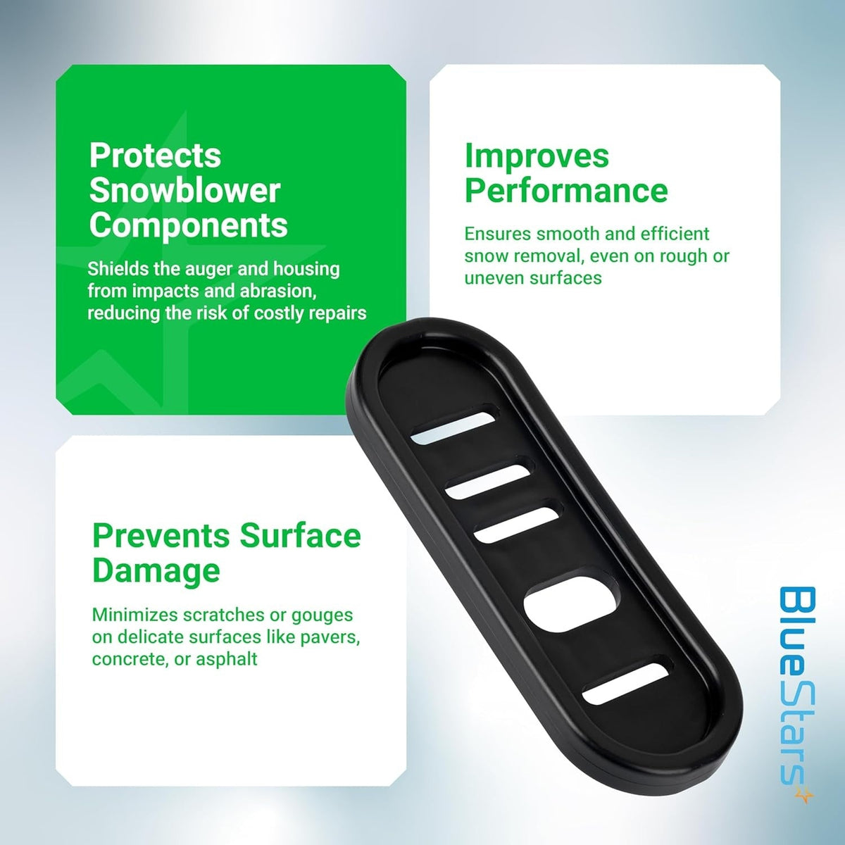 Single black snowblower slide shoe replacement part with mounting slots shown against informational text background.
