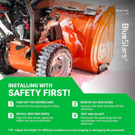 Instructional graphic for installing 490-241-0010 snowblower slide shoes with step-by-step safety guidelines.