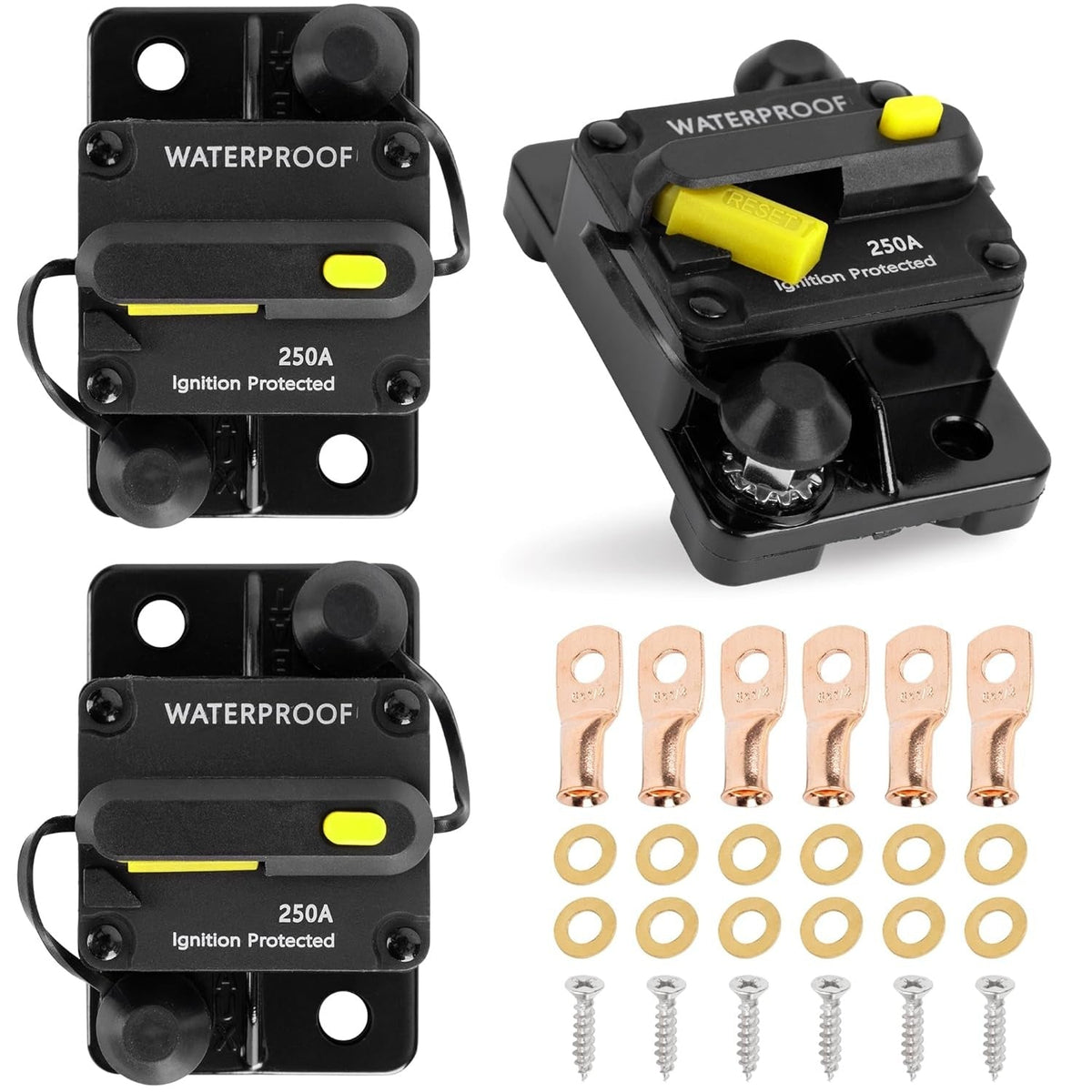 Two 250A waterproof circuit breakers for boats and cars with copper terminals, washers, and mounting screws.