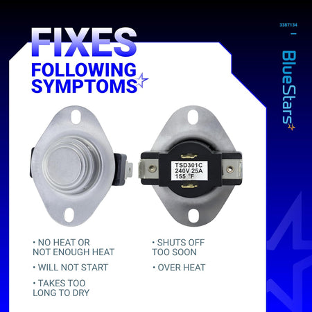 Two WP3387134 dryer cycling thermostats showing front and back views with common dryer repair symptoms.