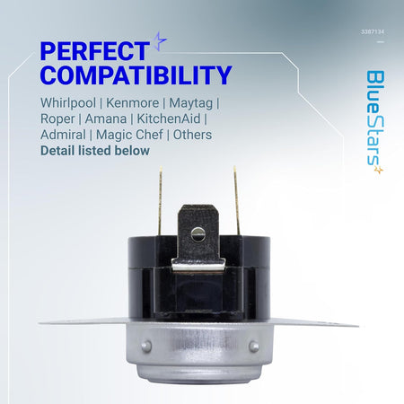 WP3387134 dryer cycling thermostat replacement part shown in a close-up product compatibility graphic.