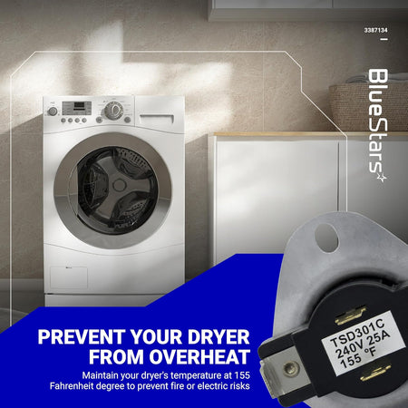WP3387134 dryer cycling thermostat replacement part shown with dryer overheating prevention information.