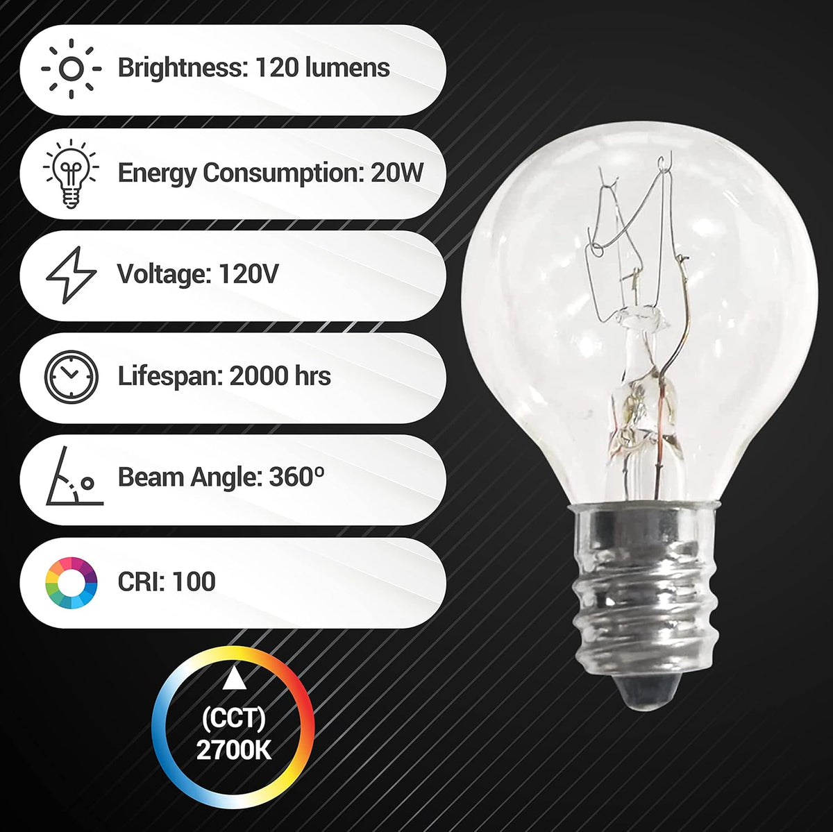 G30 E12 20W replacement bulb for Scentsy warmers with technical specification infographic.