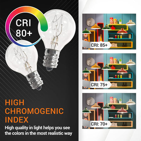 Two G30 E12 20W bulbs for Scentsy warmers showing CRI 80+ color rendering comparison chart.