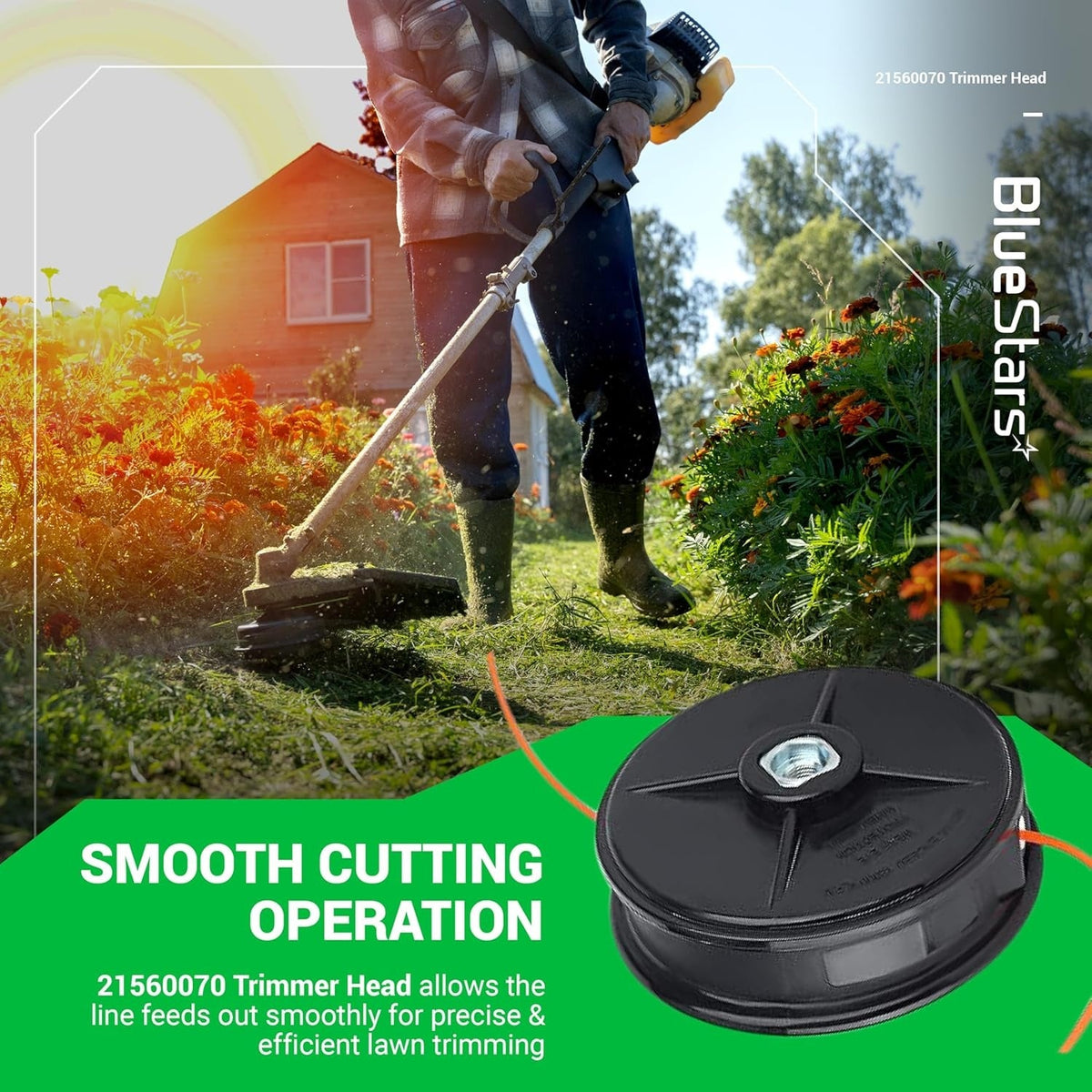 21560070 replacement trimmer head for Echo straight shaft weed wackers shown in a lifestyle product graphic.