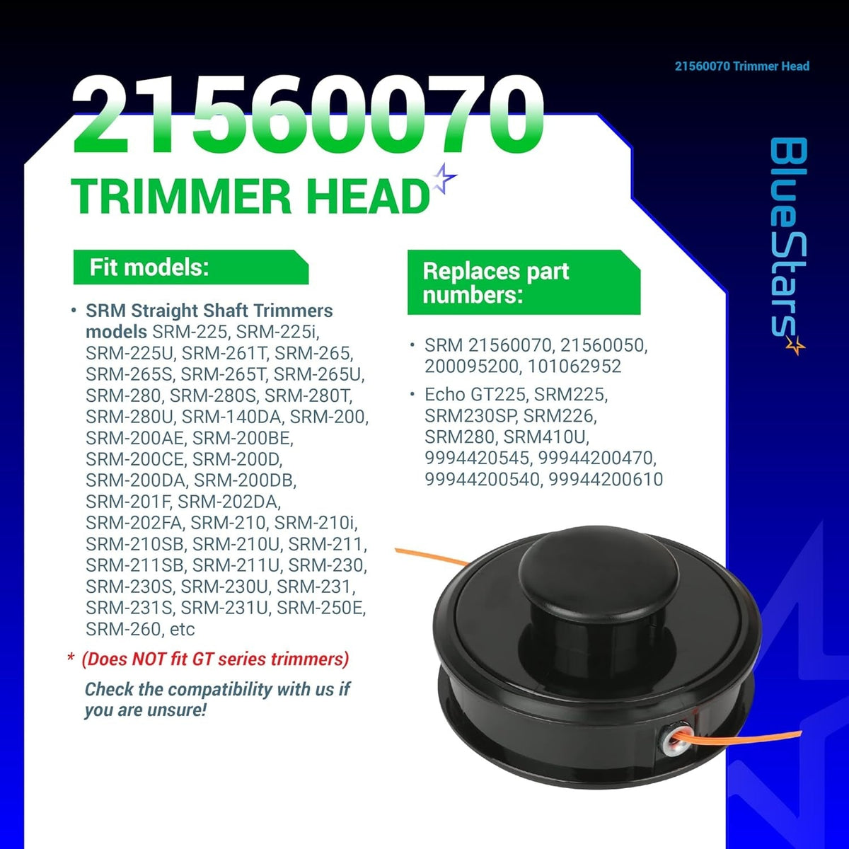 Infographic showing 21560070 trimmer head compatibility and replacement part numbers for Echo SRM straight shaft trimmers.