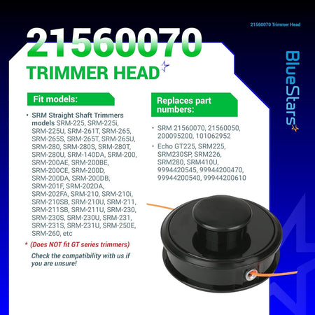 Infographic showing 21560070 trimmer head compatibility and replacement part numbers for Echo SRM straight shaft trimmers.