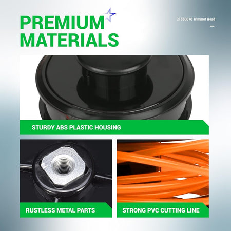 Infographic showing 21560070 SRM trimmer head features including ABS housing, metal parts, and 0.095 inch cutting line.