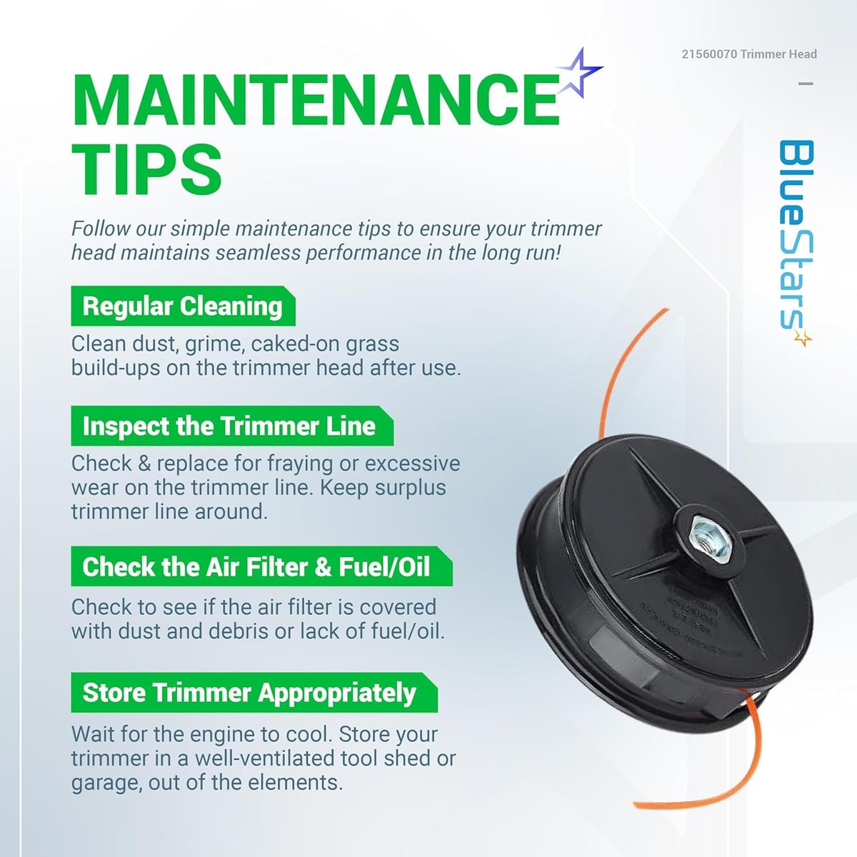 Maintenance tips infographic for 21560070 Echo SRM trimmer head with replacement instructions.