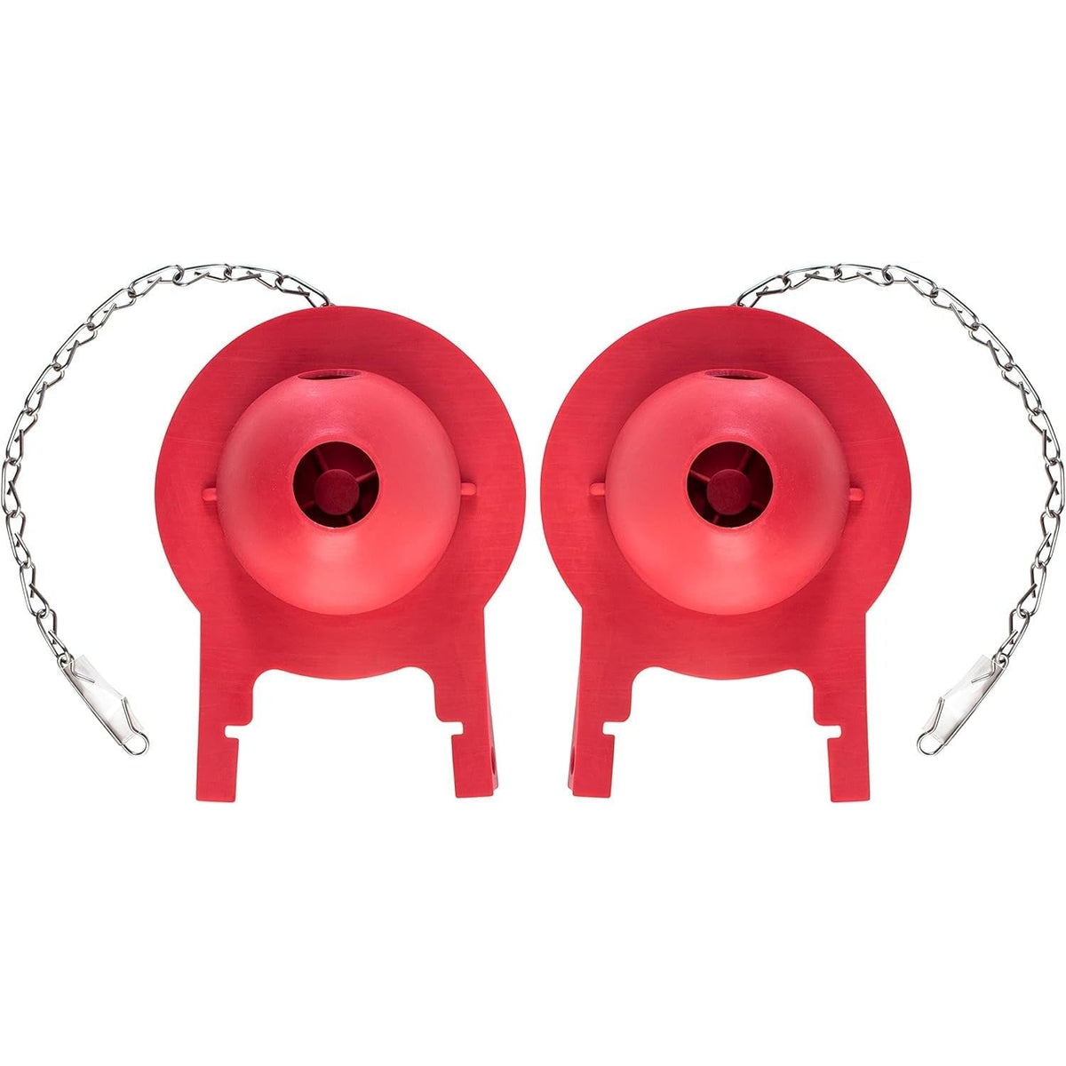 Two red 3-inch Toto toilet flapper replacements with metal chains.