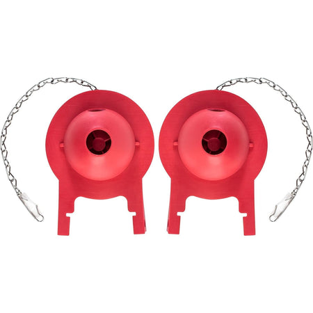 Two red 3-inch Toto toilet flapper replacements with metal chains.