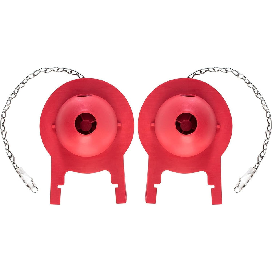 Two red 3-inch Toto toilet flapper replacements with metal chains.